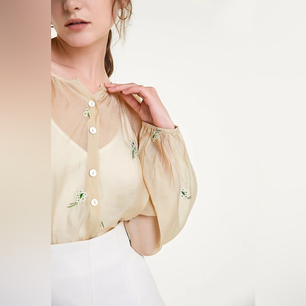 J.ING Sheer Cream Button Down Long Sleeve Embroidery Blouse Shirt Top Size M NWT - Picture 9 of 11
